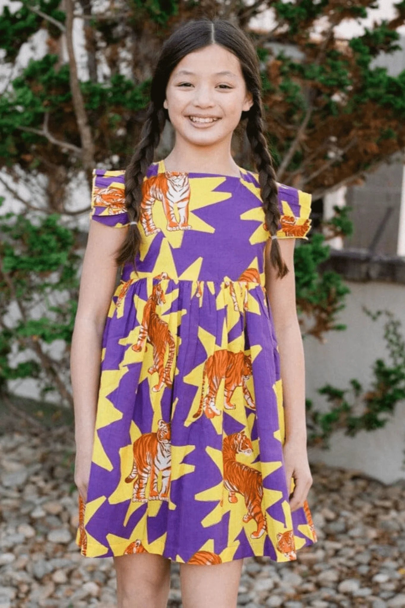 Girls Maya Flutter Sleeve Dress - Tiger Print - final sale