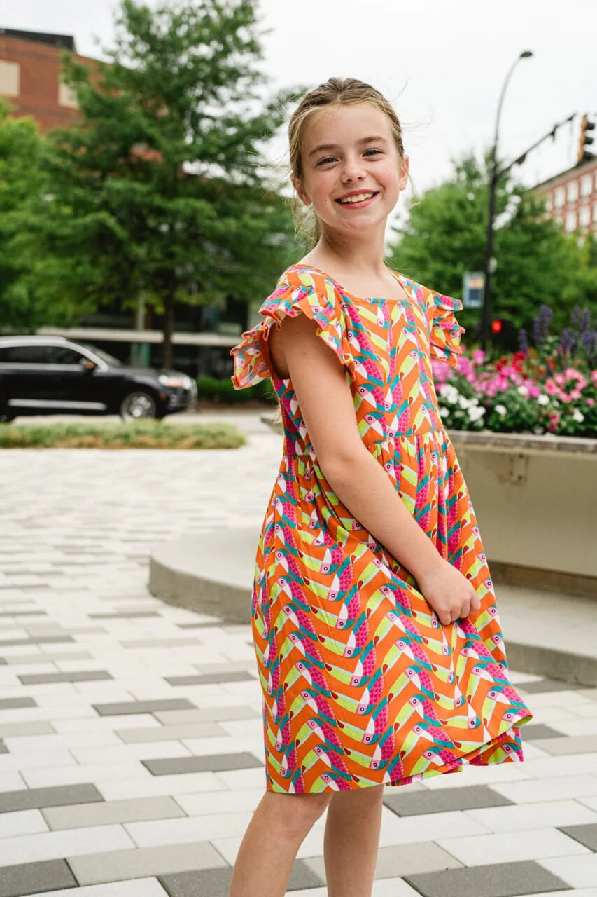 Girls Maya Flutter Sleeve Dress - Toucan - final sale
