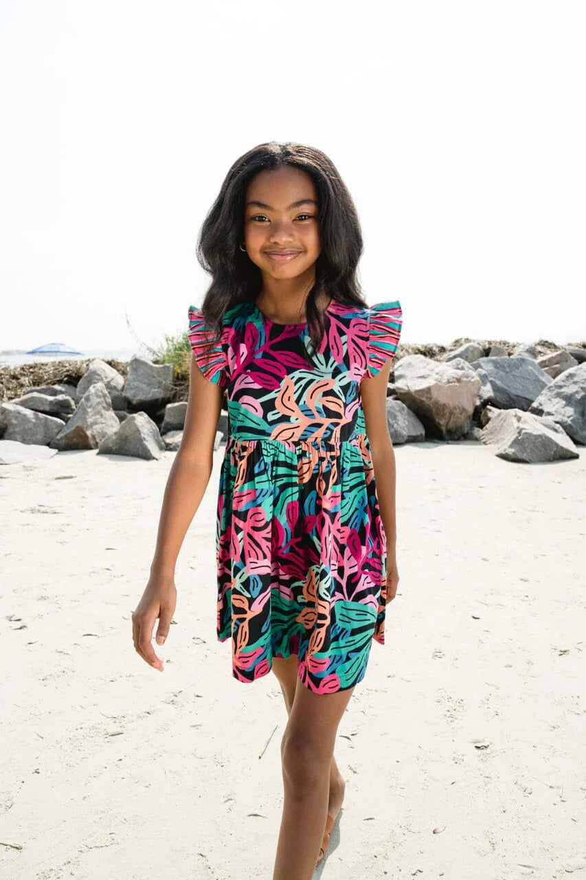 Girls Wren Dress - Black Coral Reef