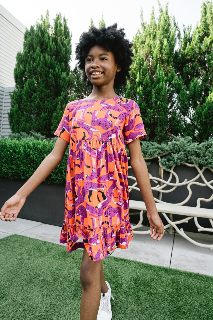 Girls Jenny Cheetah Dress- Orange Crush