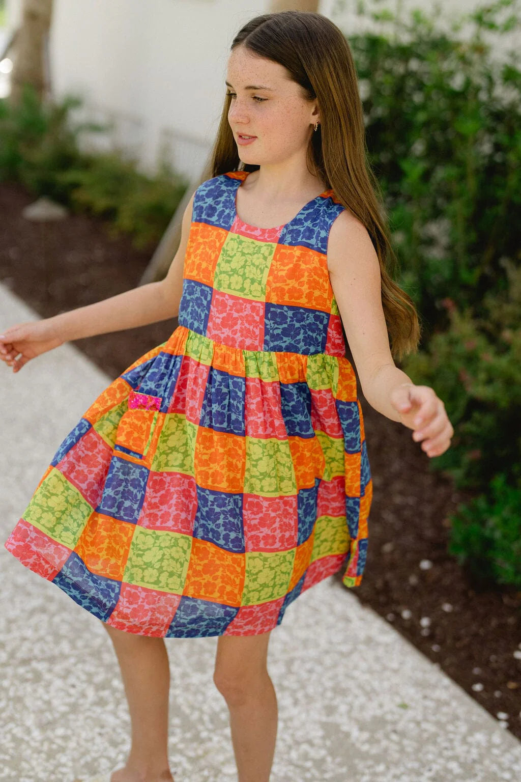 Girls Collins Sequin Pocket Dress- Gingham Floral