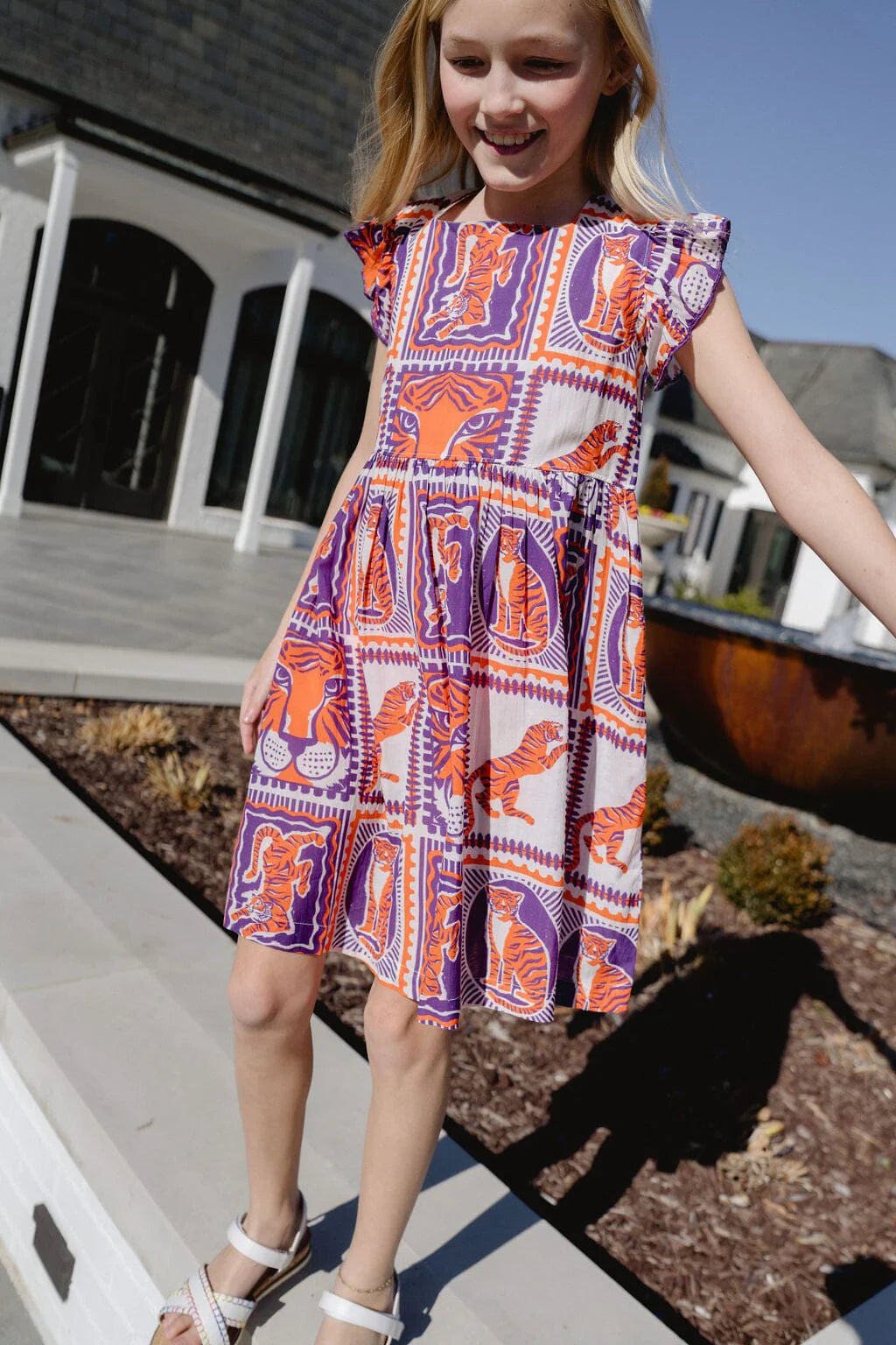 Girls Maya Tiger Game Day Dress | Orange & Purple