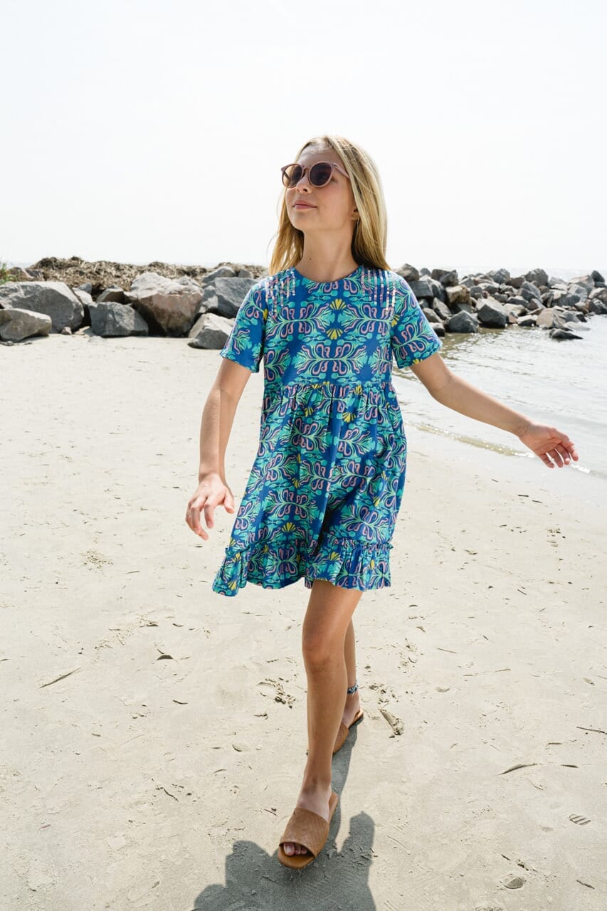 Girls May Tiered Dress- Blue Seas - final sale