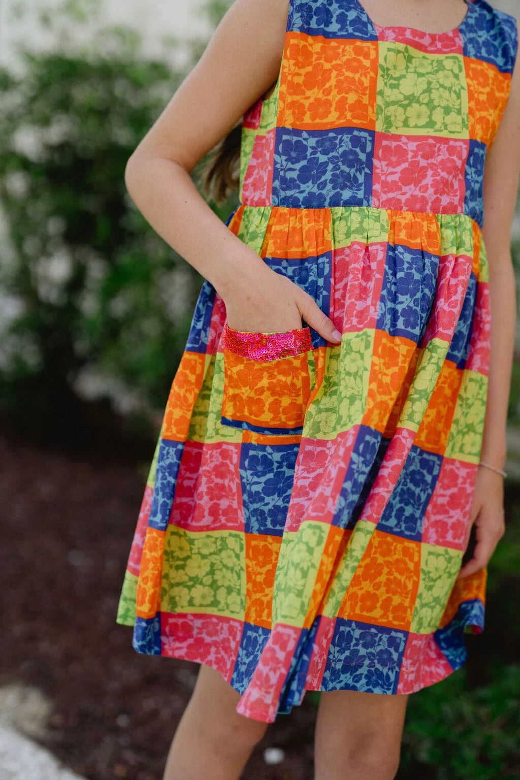 Girls Collins Sequin Pocket Dress- Gingham Floral