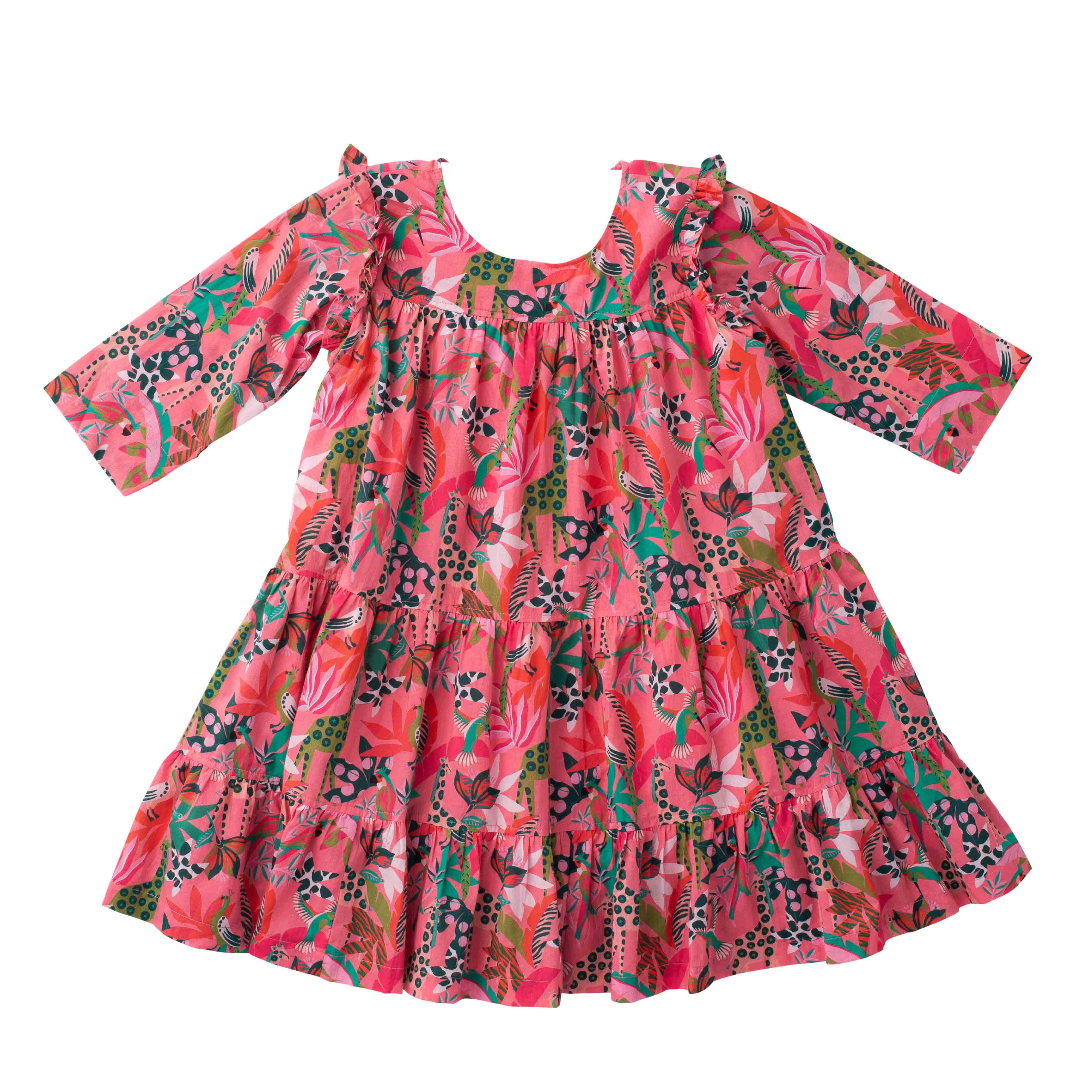 Girls Cece Ruffle Dress- Coral Reef