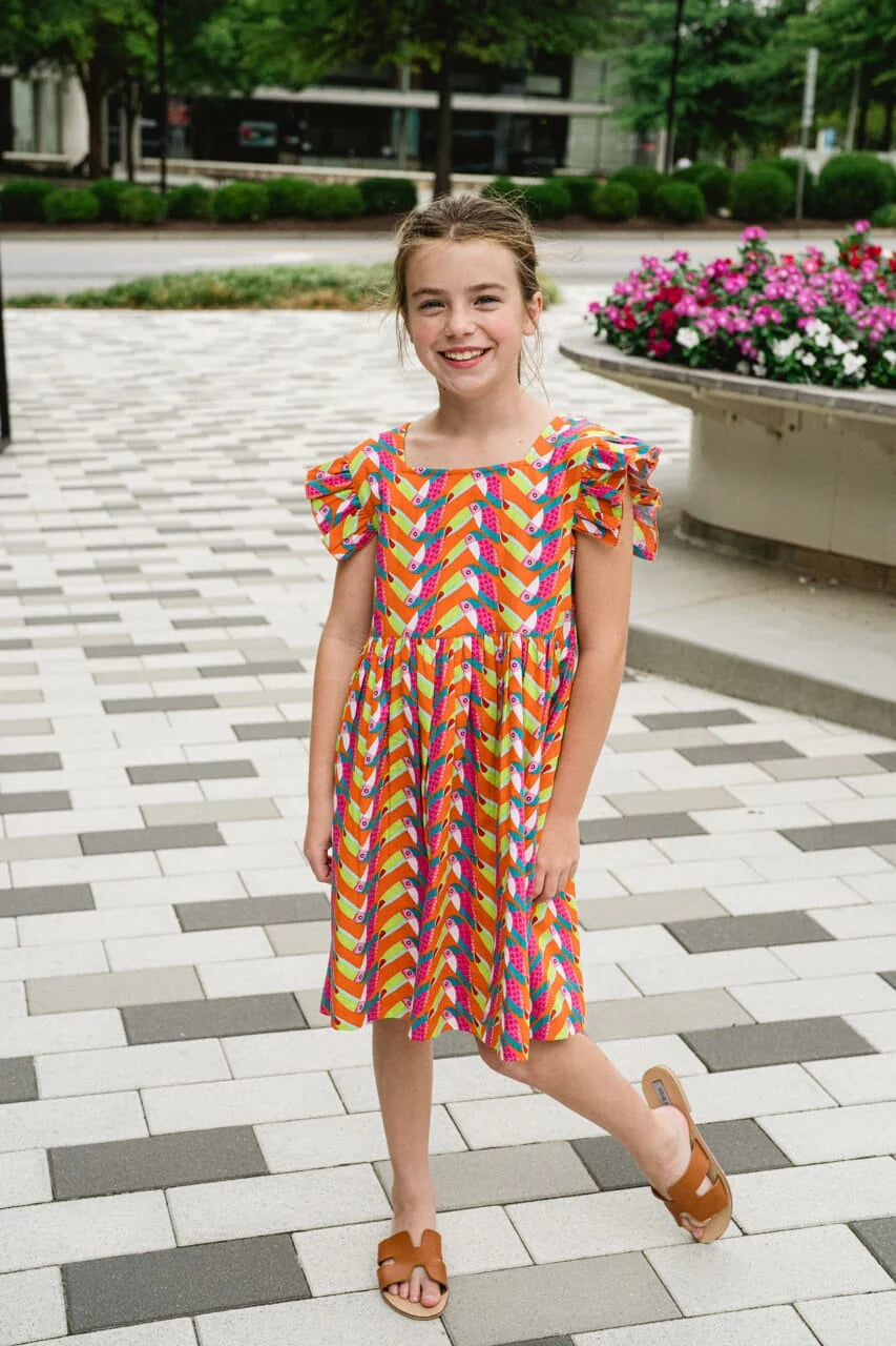 Girls Maya Flutter Sleeve Dress - Toucan - final sale