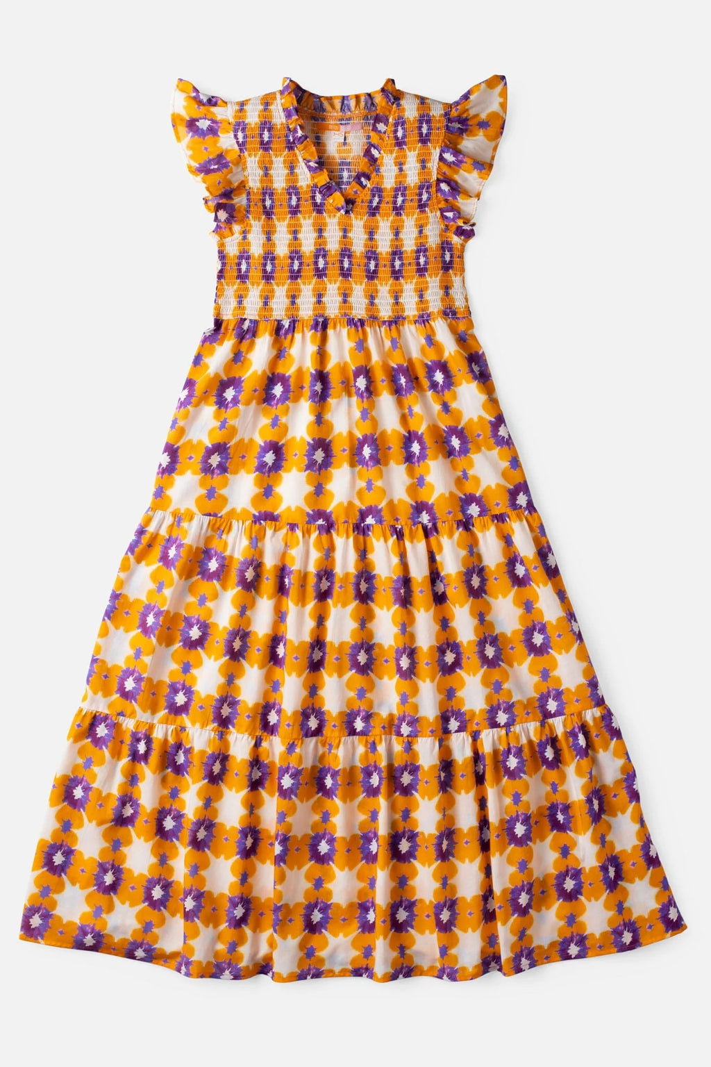 Lilliana Smocked Gameday Flutter Sleeve Midi Dress - Tie Dye Orange/Purple - final sale